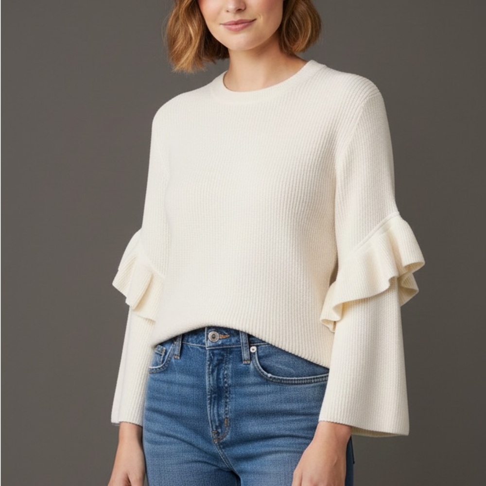 Tory Burch Ashley Ribbed Ruffle-Sleeve Sweater size XS Ivory